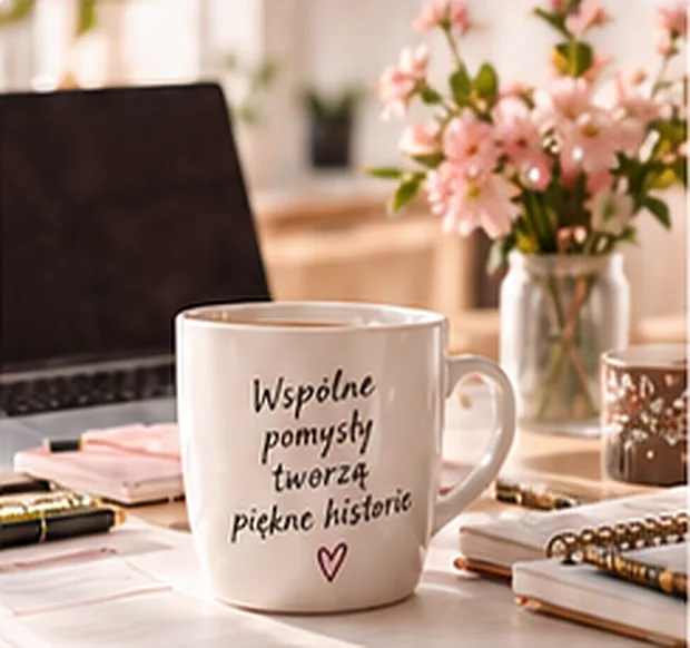 Kubek z napisem Wspólne pomysły tworzą piękne historie Kubek z napisem Wspólne pomysły tworzą piękne historie