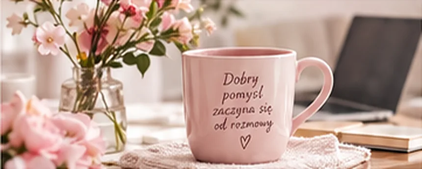 Różowy kubek z napisem Dobry pomysł zaczyna się od rozmowy